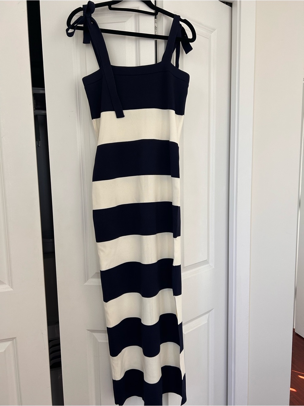 MARBLE Navy and White Striped Tie-Shoulder Maxi Dress